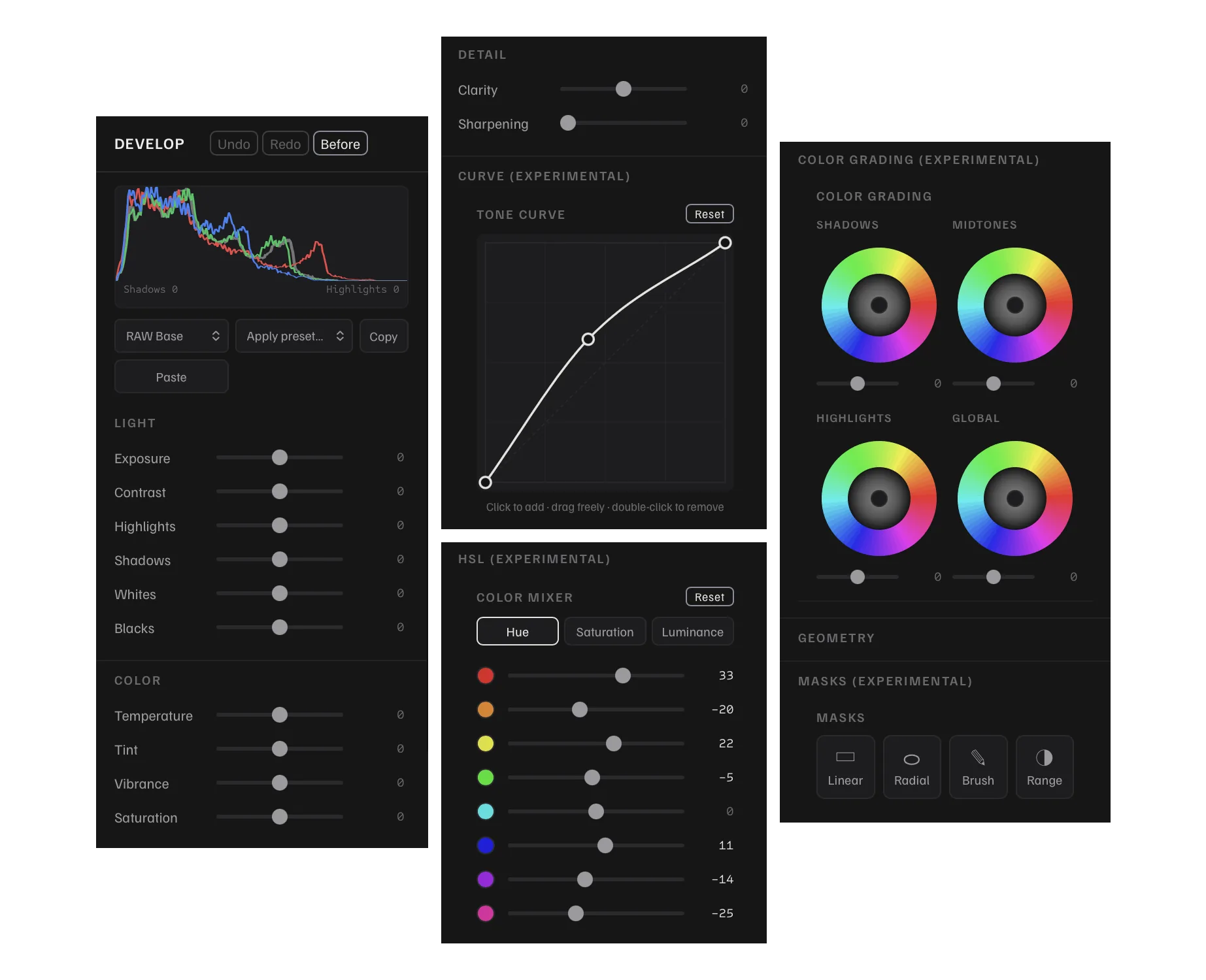 Proof Develop controls showing a histogram, tone curve, colour mixer, colour grading, and experimental mask tools