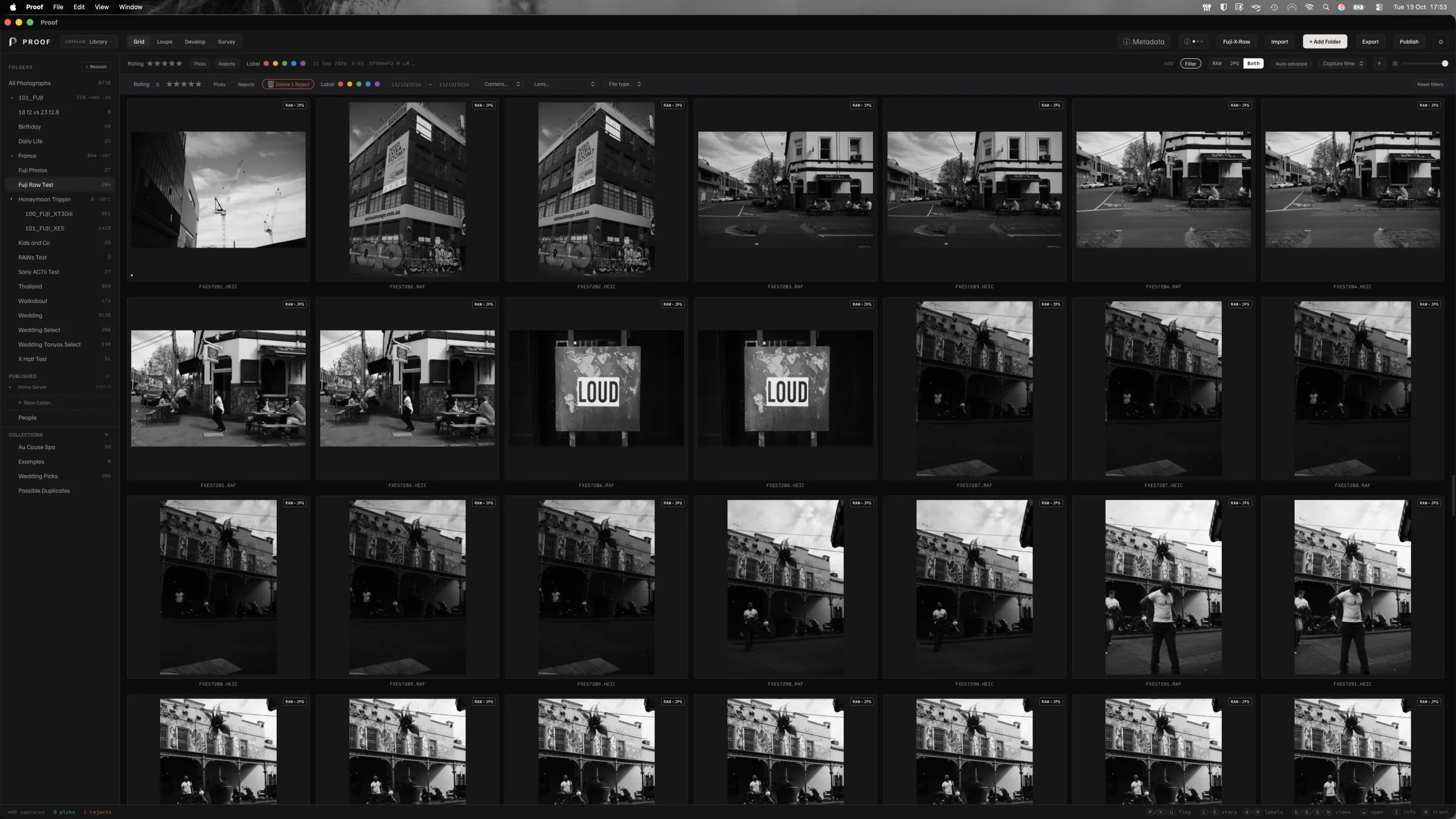 Proof Grid showing black-and-white street photographs and RAW companions